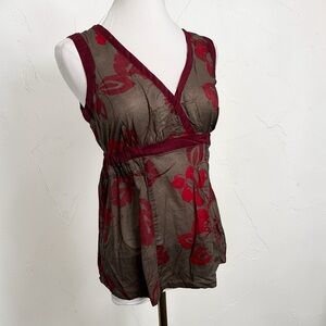Y2K Sheer Floral Empire Waist Top | Red & Brown Romantic Boho Fairycore M
